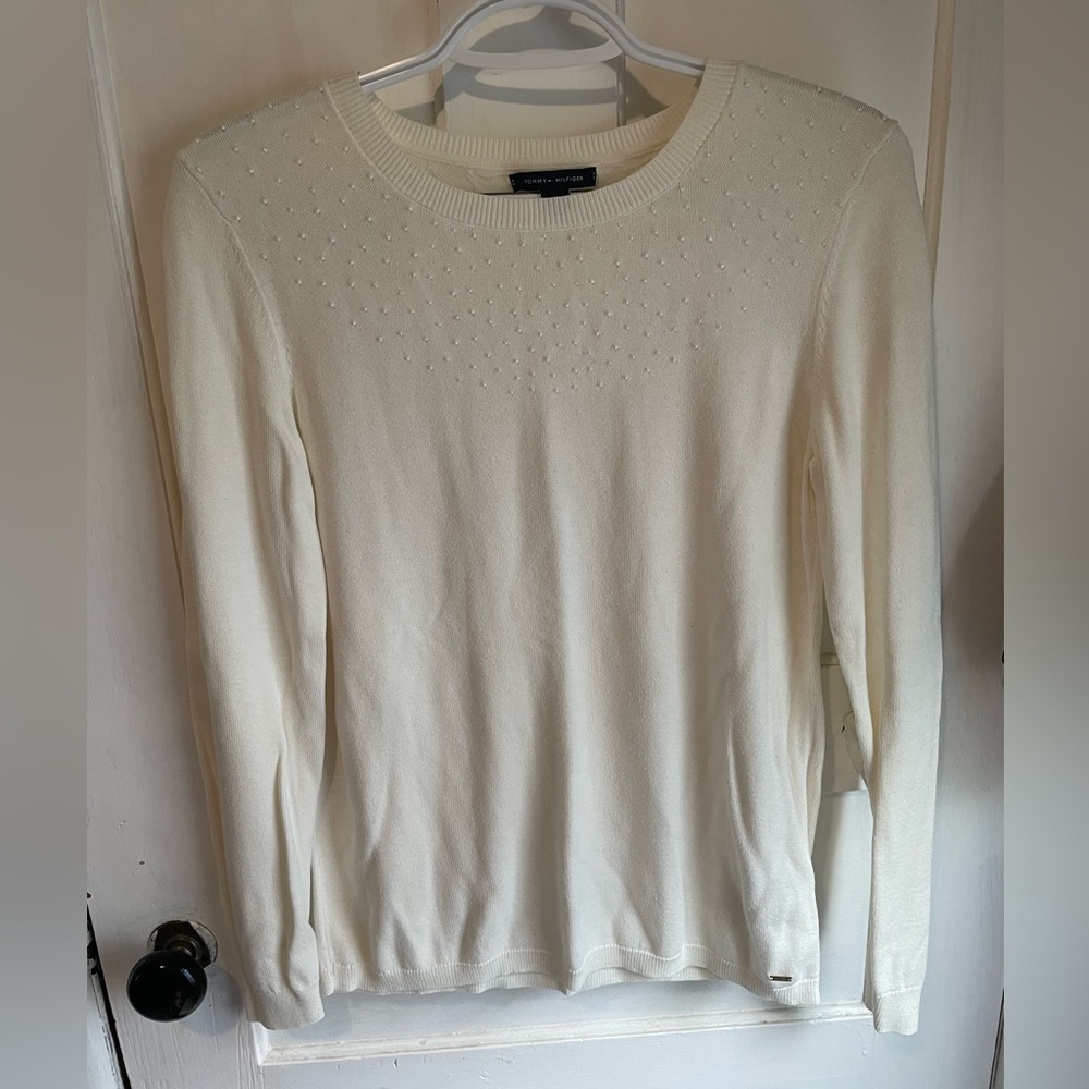 Elegant Cream Tommy Hilfiger Sweater with Pearl Detail
